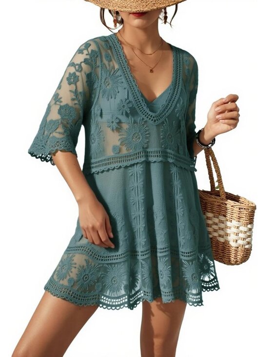Other - Women's Green Rayon V-Neck Coverup Sheer Mesh Lace Bathing Suit Swimsuit Coverup